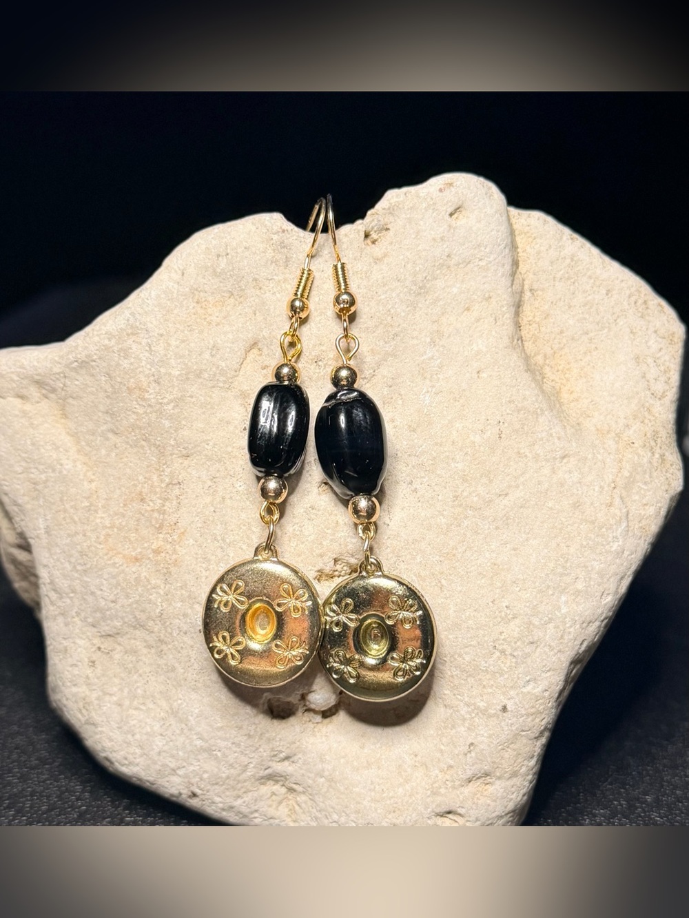 ✨Handmade✨Gold and Black Floral Disk Drop Earrings